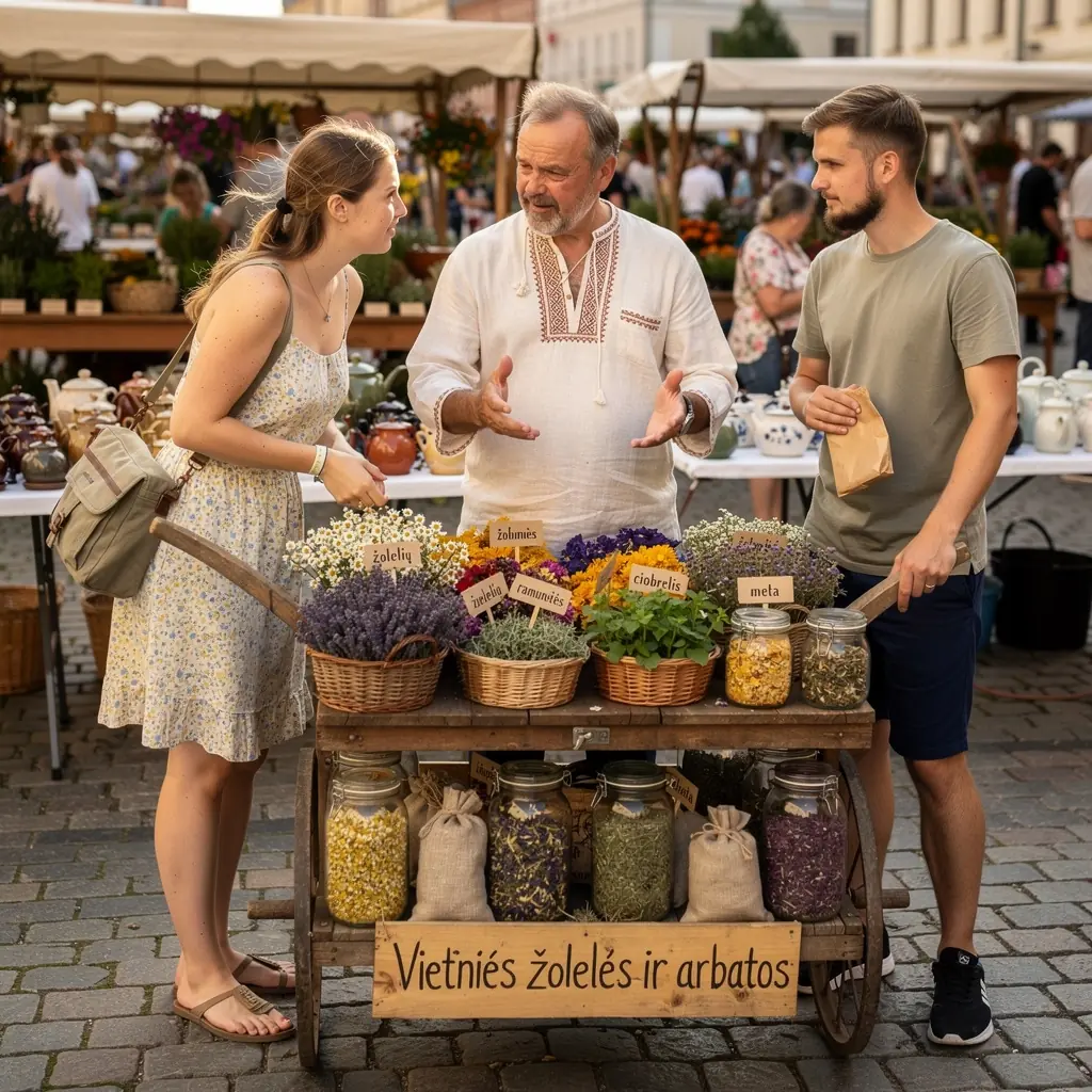 Baltijos augalų rinkinys, sudėtas ant medinės lentelės su žolelių aprašymais.