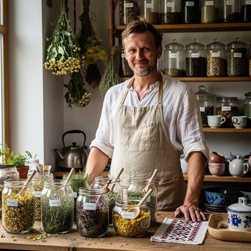 Žolelių arbatos puodelis ant medinės lentelės, aplink kurį išdėstyti laukiniai augalai.