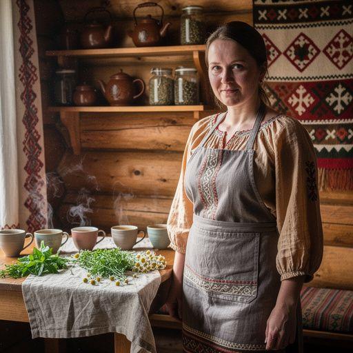 Bokalas šviežiai užplikytos žolelių arbatos, šalia šakelių su lietuviškomis žolelėmis.