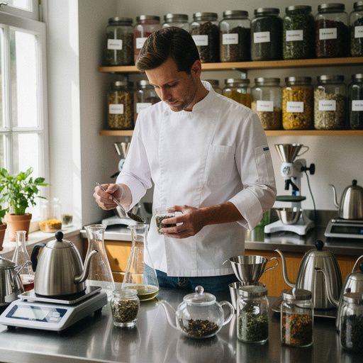 Tradicinis arbatos virimo procesas, kuriame naudojamos vietinės žolelės ir mediniai indai.